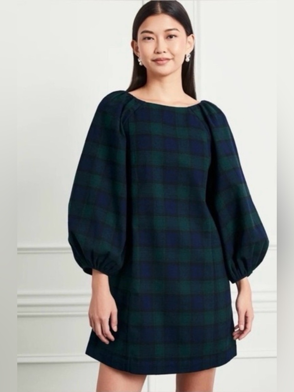 Hill House Large The Araminta Dress Blackwatch Tartan Green Blue Plaid